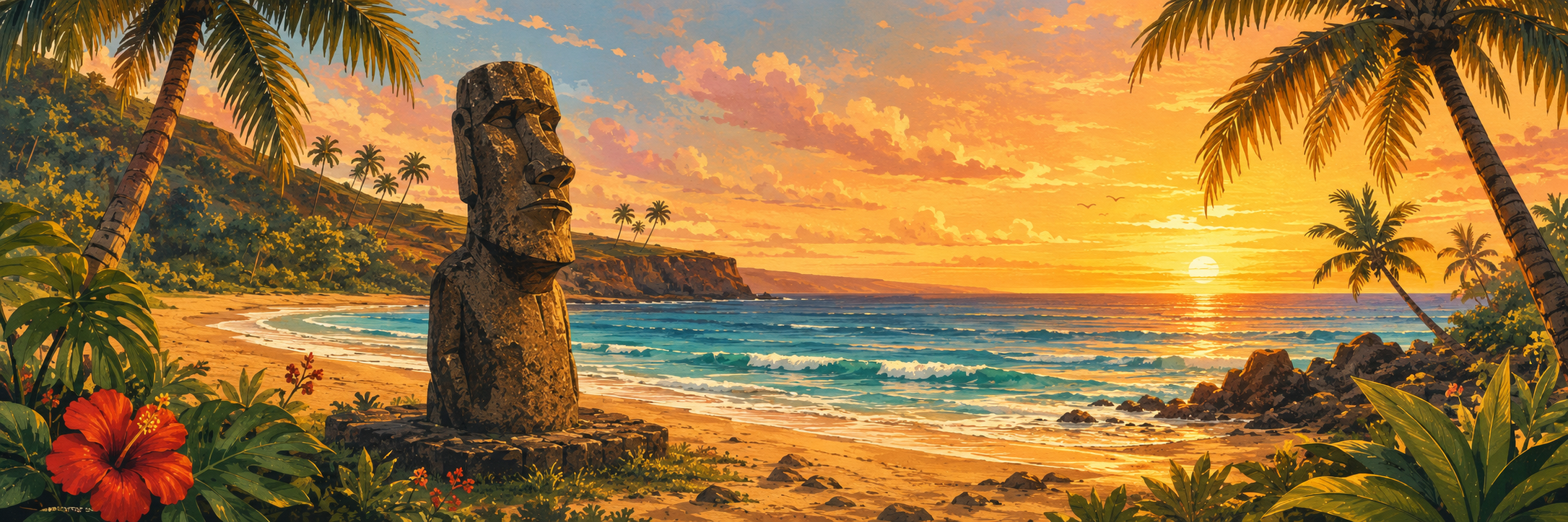 Host-Island — tropical beach with moai at sunset