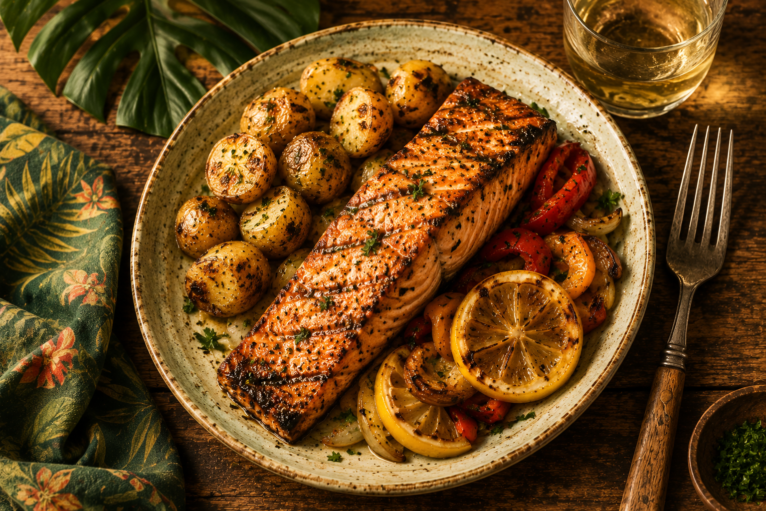 Grilled salmon dish